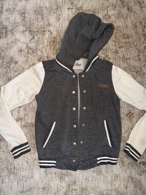 Guess Gray Hooded Letterman Jacket with White Trim